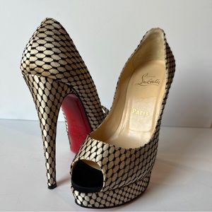 Christian Louboutin Nude Black Satin Lace “Lady Peep” Pumps Size 6 (36)